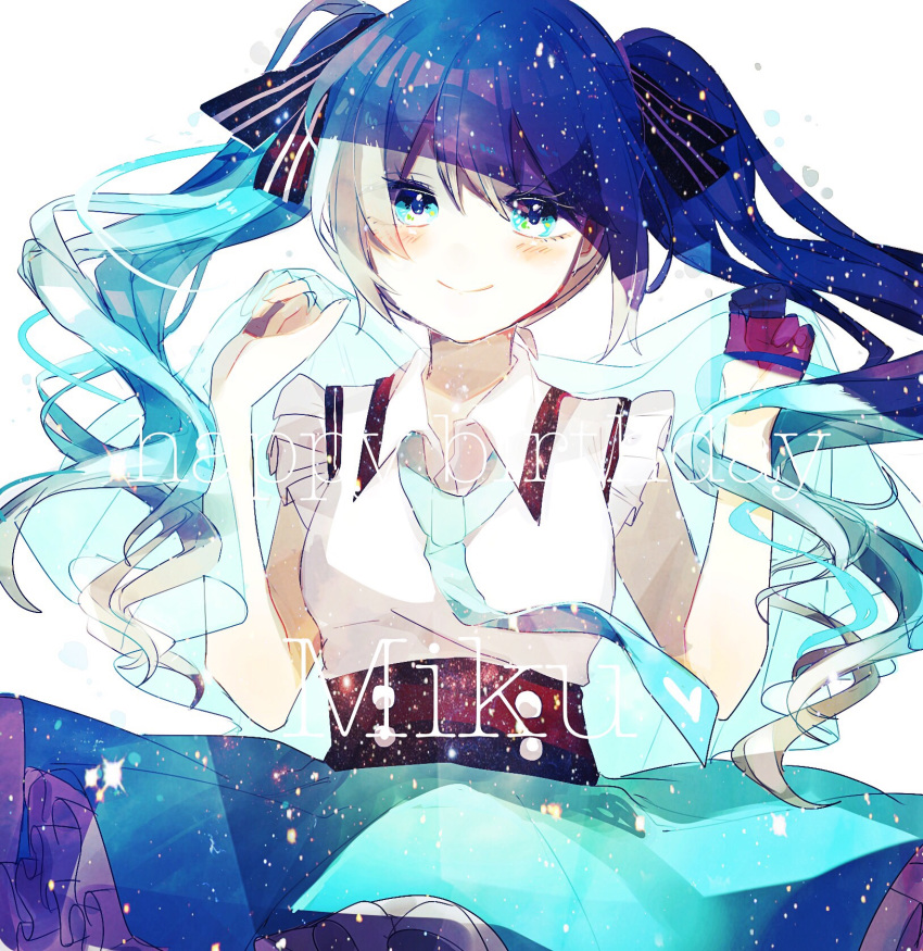 1girl, aqua_eyes, aqua_hair, aqua_neckwear, aqua_skirt, bangs, black_ribbon, blush