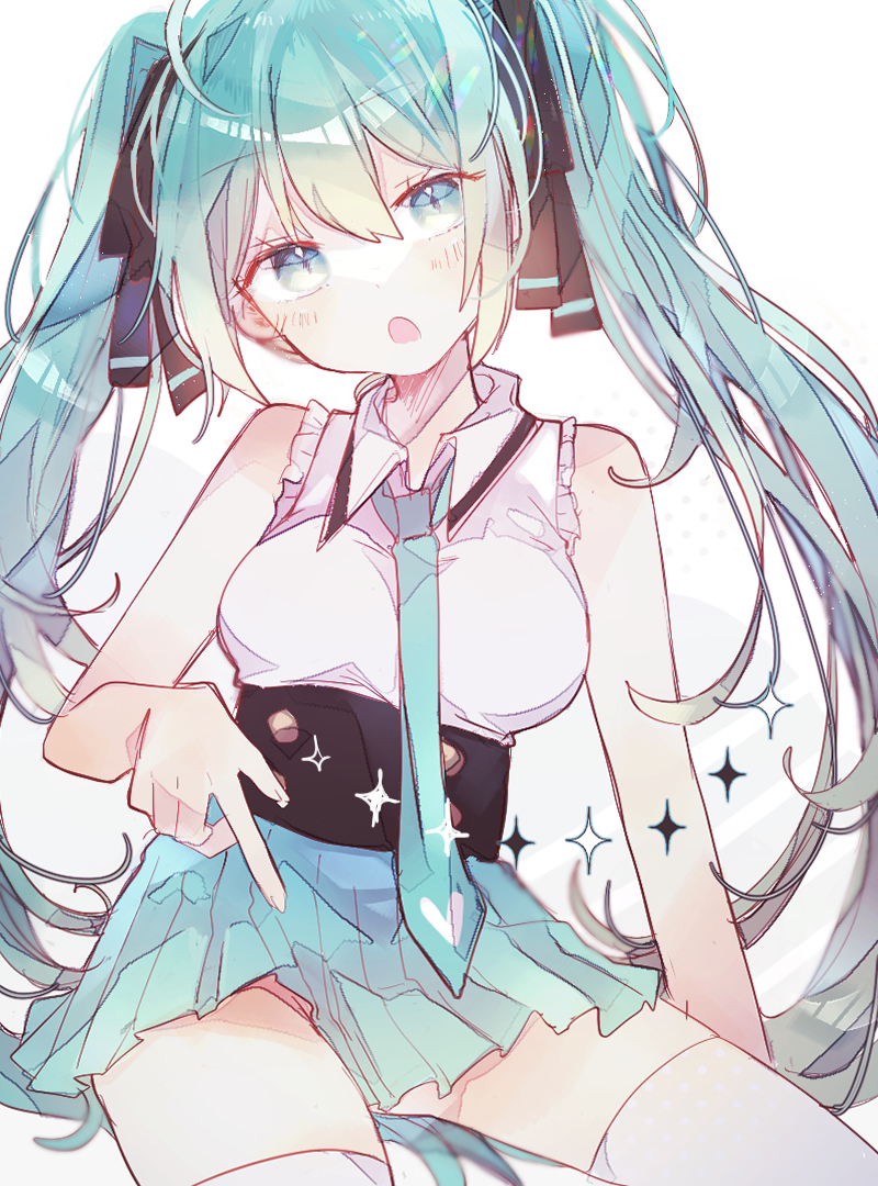 1girl, :o, aqua_eyes, aqua_hair, aqua_neckwear, aqua_skirt, bangs, black_ribbon