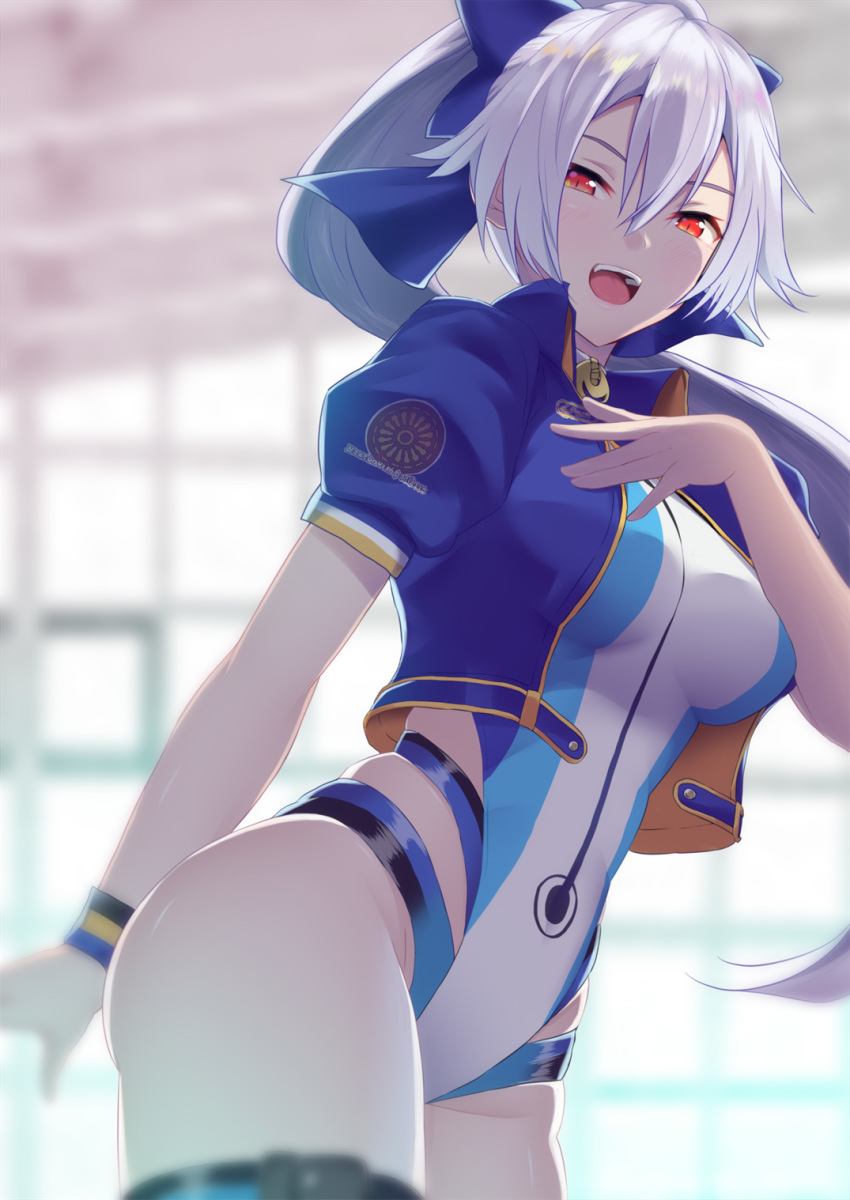 1girl, ashino_moto, bangs, blue_bow, blue_jacket, blue_swimsuit, bow, breasts