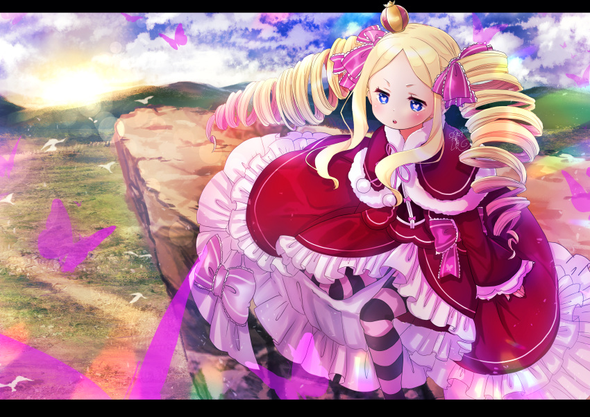 1girl, absurdres, beatrice_(re:zero), blonde_hair, blue_eyes, blush, bow, capelet
