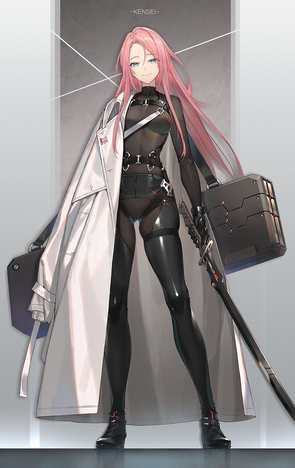 1girl, blue_eyes, bodysuit, breasts, coat, coat_on_shoulders, highres, holding