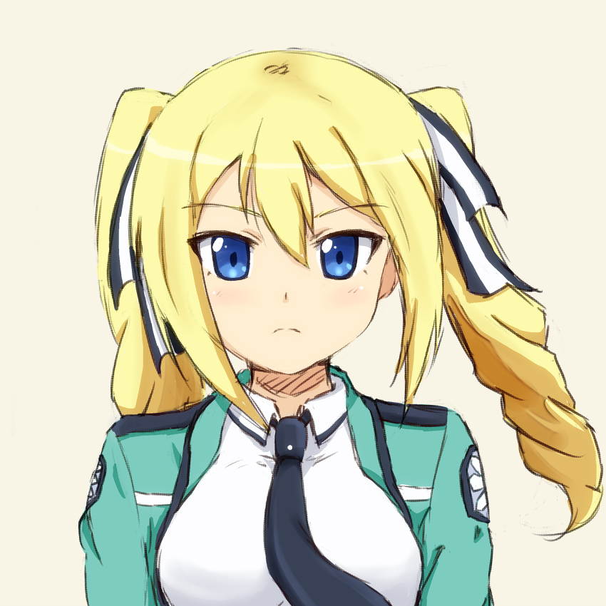 1girl, angelina_kudou_shields, black_neckwear, blonde_hair, blue_eyes, close-up, drill_hair, first_high_school_uniform
