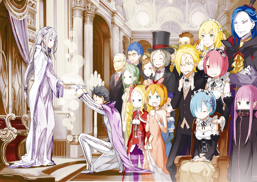 6+boys, 6+girls, animal_ears, beatrice_(re:zero), black_headwear, blonde_hair, blue_eyes, blue_hair, bow, cape, chair, character_request, crossed_arms, ddukae, dress, elf, emilia_(re:zero), flower, formal, frederica_baumann, garfiel_tinsel, green_eyes, green_hair, grey_hair, hair_bow, hair_flower, hair_ornament, hair_over_one_eye, hands_up, hat, heterochromia, highres, indoors, lewes_meyer, monocle, multiple_boys, multiple_girls, natsuki_subaru, one_knee, pale_skin, pantyhose, petra_leyte, pink_hair, pointy_ears, purple_legwear, ram_(re:zero), re:zero_kara_hajimeru_isekai_seikatsu, rem_(re:zero), roswaal_l._mathers, scar, scar_across_eye, sitting, standing, striped, striped_legwear, suit, top_hat, white_cape