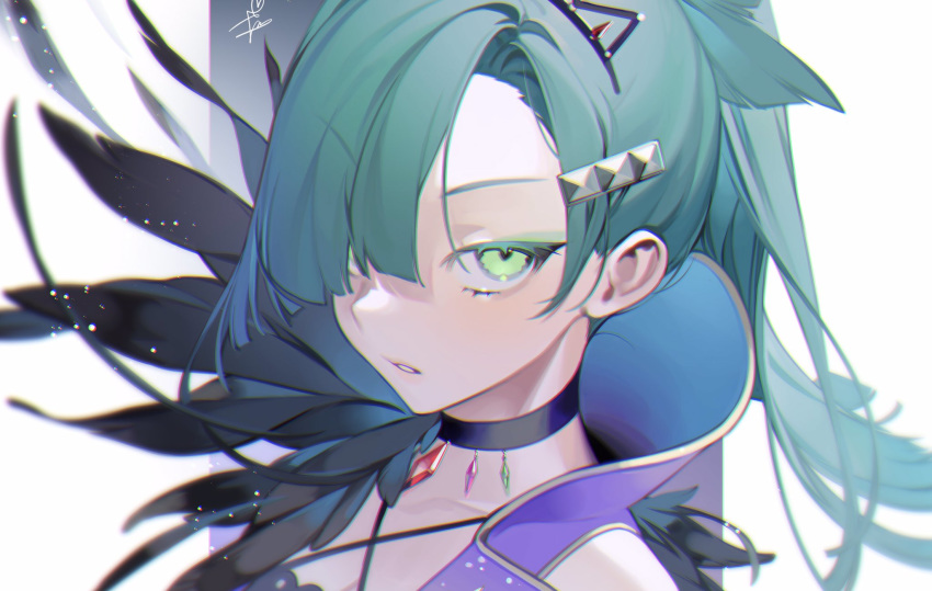 1girl, choker, dress, green_eyes, hair_ornament, hair_over_one_eye, hairclip, head_tilt