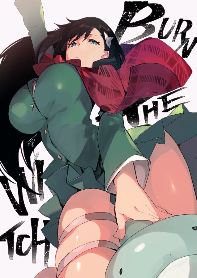 1girl, black_hair, breasts, burn_the_witch, copyright_name, from_below, green_eyes, green_shirt