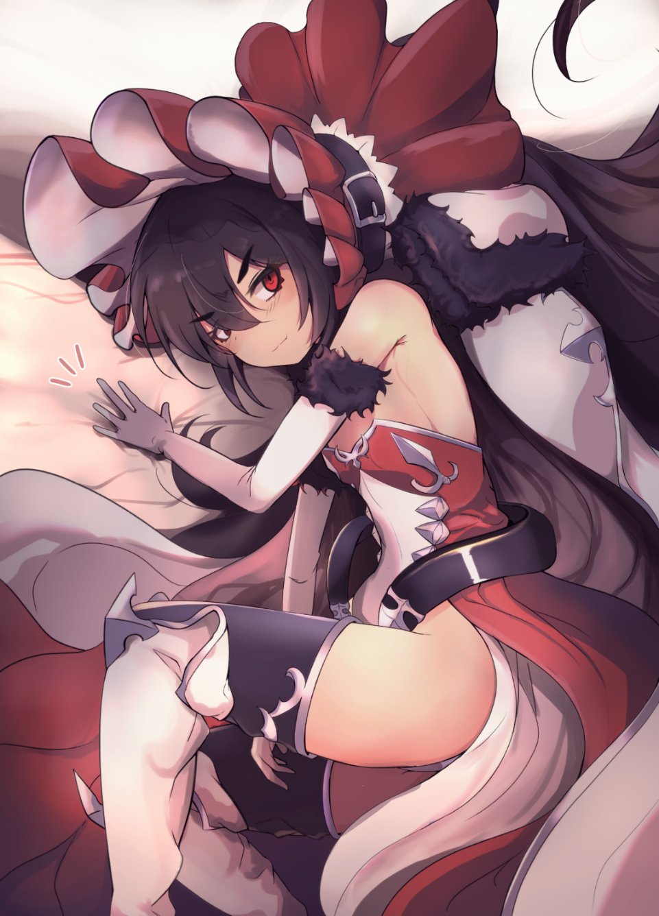 1girl, bare_shoulders, bed_invitation, bed_sheet, belt, black_hair, black_legwear, copyright_request