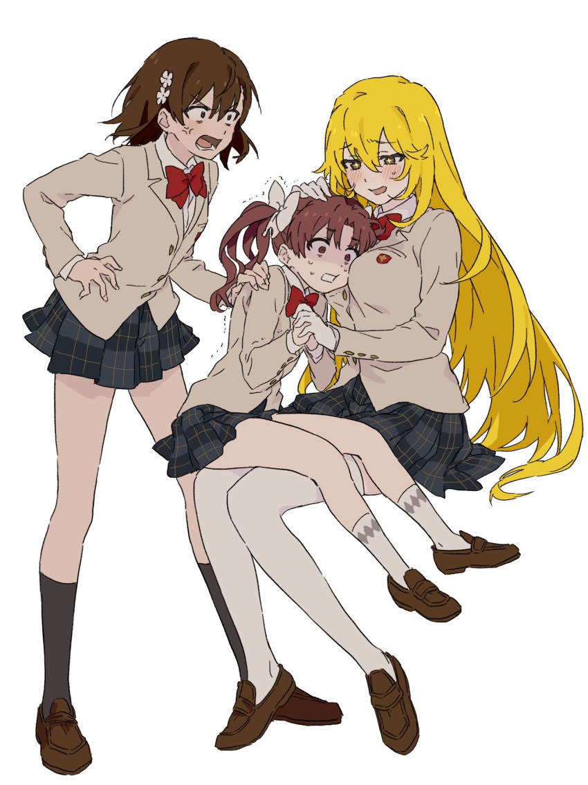 3girls, anger_vein, angry, aroused, bags_under_eyes, bangs, black_legwear, blazer, blonde_hair, blush, bow, bowtie, breast_pillow, breast_press, brown_footwear, brown_hair, eyebrows_visible_through_hair, flower, full_body, gloves, hair_bow, hair_flower, hair_ornament, hand_on_another's_hand, hand_on_another's_head, hand_on_another's_shoulder, hand_on_hip, hands_clasped, highres, holding_hands, invisible_chair, invisible_floor, jacket, loafers, long_hair, long_sleeves, looking_at_another, lower_teeth, miniskirt, misaka_mikoto, multiple_girls, open_mouth, own_hands_together, parted_bangs, petting, plaid, plaid_skirt, pleated_skirt, red_neckwear, scared, school_uniform, shirai_kuroko, shirt, shoes, shokuhou_misaki, short_hair, sidelocks, simple_background, sitting, sitting_on_lap, sitting_on_person, skirt, socks, standing, sweat, teruya_(6w6y), thigh-highs, to_aru_kagaku_no_railgun, to_aru_majutsu_no_index, tokiwadai_school_uniform, trembling, twintails, white_background, white_bow, white_gloves, white_legwear, white_shirt, wing_collar, yellow_eyes, yuri
