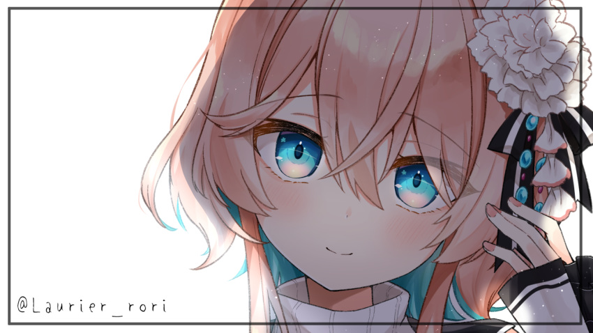 1girl, ahoge, flower, hair_flower, hair_ornament, hanagumo_kuyuri, hitotose_tanteidan, index_finger_raised, multicolored_hair, pink_background, pink_hair, rori_(tukiguri), two-tone_hair, virtual_youtuber