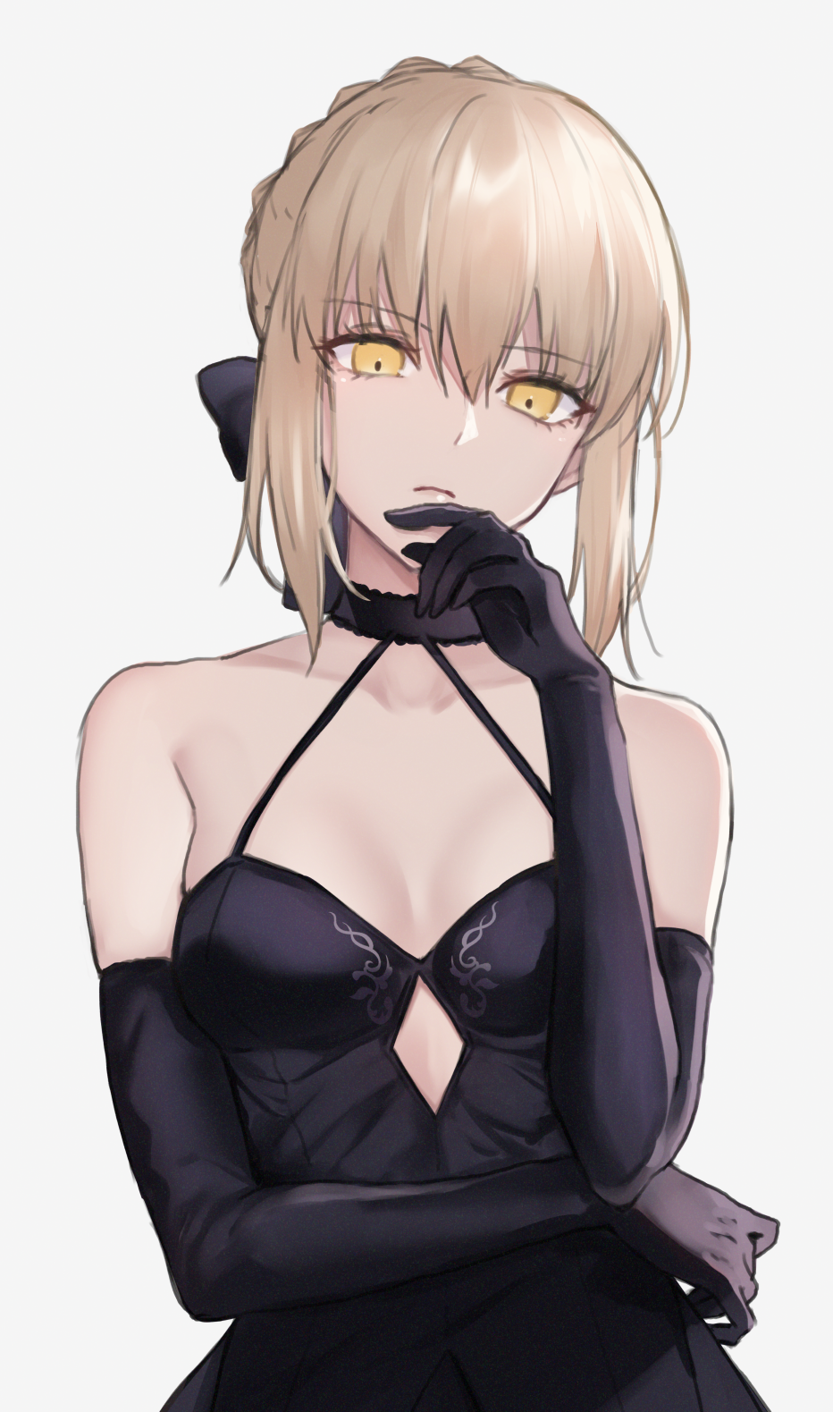 1girl, artoria_pendragon_(all), black_bow, black_dress, black_gloves, blonde_hair, bow, braid