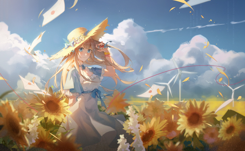 1girl, blonde_hair, blue_eyes, blue_sky, clouds, day, dress, field