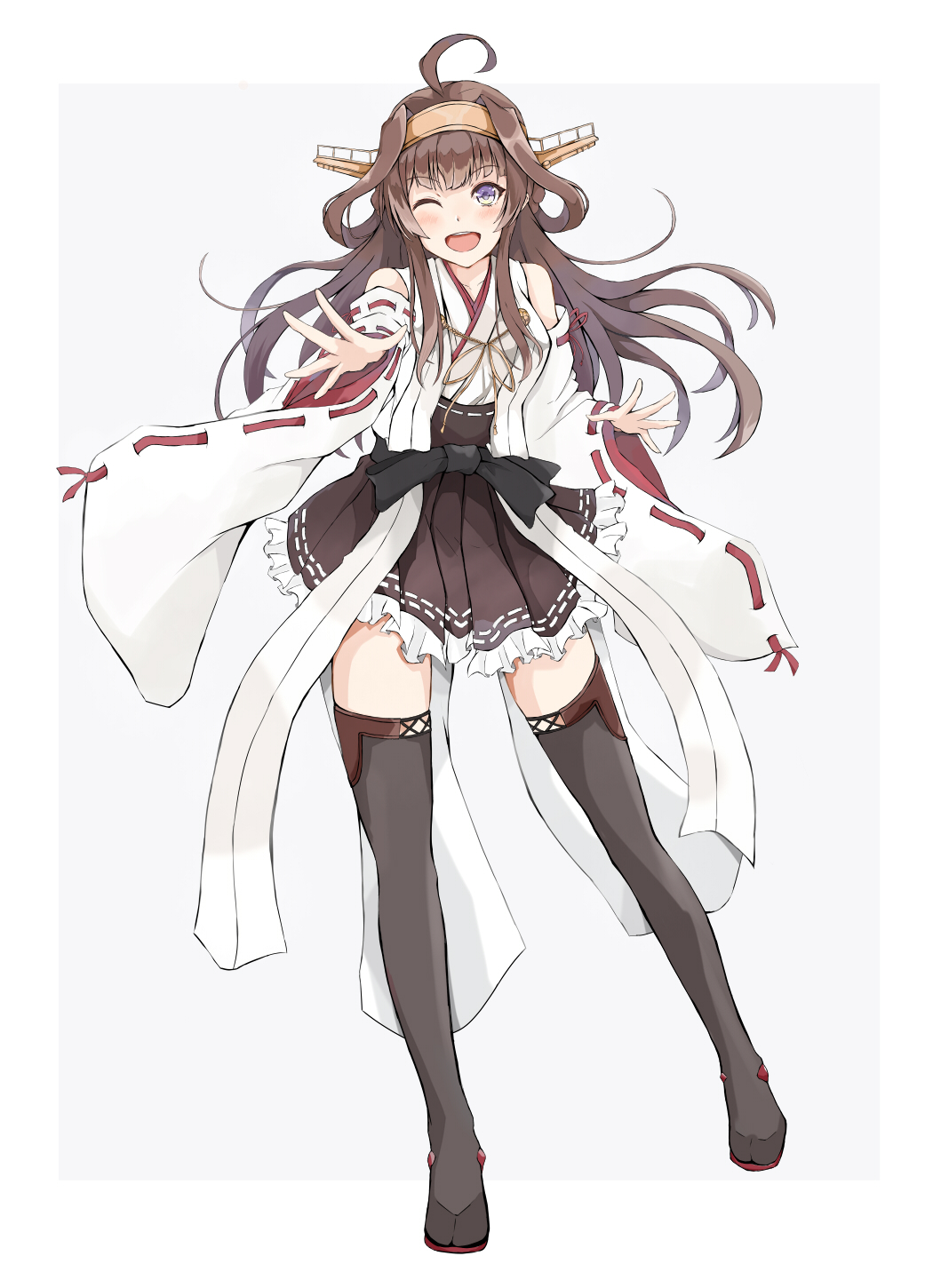 1girl, ahoge, boots, border, brown_hair, contrapposto, dairyo3, detached_sleeves