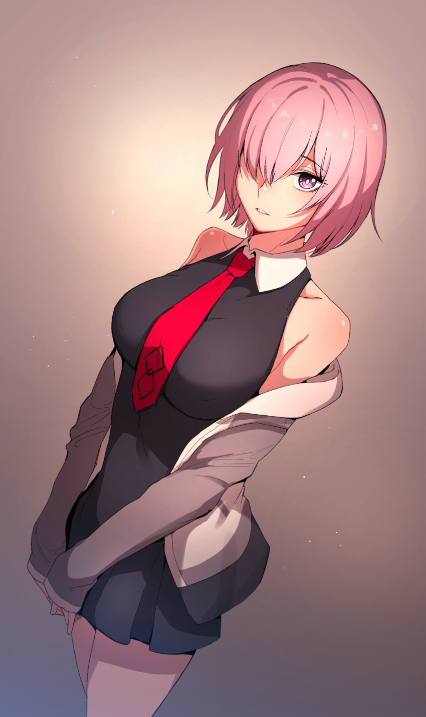 1girl, bare_shoulders, black_dress, breasts, commentary_request, dress, etsem, eyebrows_visible_through_hair, fate/grand_order, fate_(series), hair_over_one_eye, highres, large_breasts, long_sleeves, looking_at_viewer, mash_kyrielight, necktie, parted_lips, pink_hair, red_neckwear, short_hair, solo, standing, thighs, violet_eyes