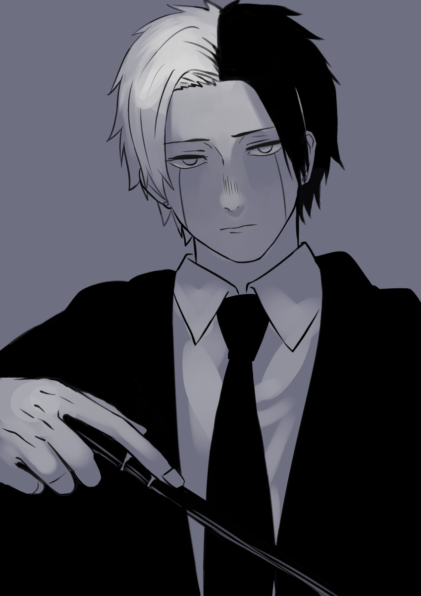 1boy, absurdres, black_hair, black_neckwear, greyscale, highres, holding, holding_wand