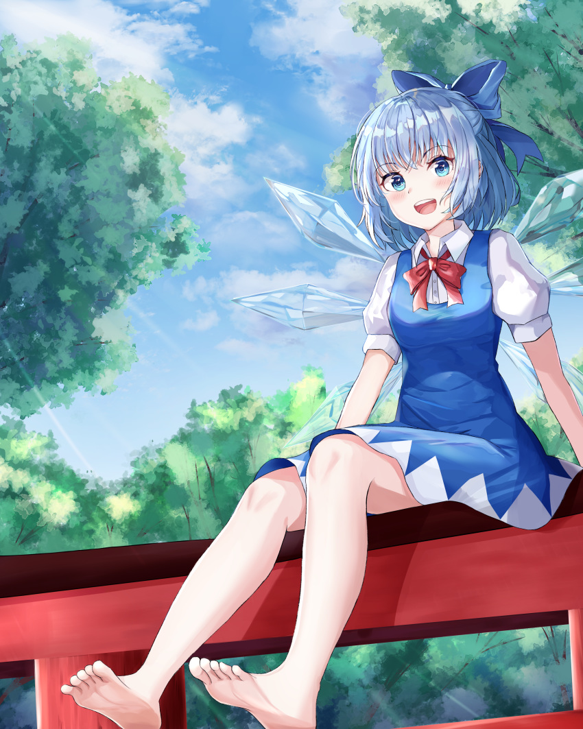 1girl, absurdres, bangs, barefoot, blue_bow, blue_dress, blue_eyes, blue_hair, blue_sky, blush, bow, cirno, clouds, day, dress, hair_bow, highres, huge_filesize, ice, ice_wings, legs, looking_at_viewer, open_mouth, outdoors, puffy_short_sleeves, puffy_sleeves, red_neckwear, short_hair, short_sleeves, sitting, sitting_on_torii, sky, smile, soles, solo, sunlight, torii, touhou, upper_teeth, wings, zeroillya