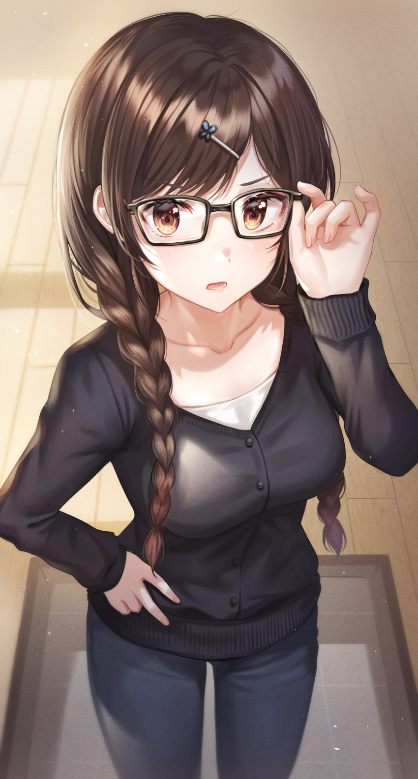 1girl, absurdres, adjusting_eyewear, black-framed_eyewear, black_cardigan, black_pants, braid, breasts, brown_eyes, brown_hair, buttons, cardigan, collarbone, cowboy_shot, frown, glasses, hair_ornament, hair_over_shoulder, hairclip, hand_on_eyewear, hand_on_hip, hand_up, highres, kanojo_okarishimasu, long_hair, long_sleeves, looking_at_viewer, medium_breasts, mizuhara_chizuru, open_mouth, pants, sidelocks, solo, standing, tokkyu, twin_braids, undershirt, v-shaped_eyebrows