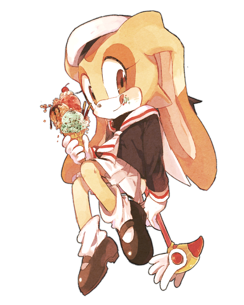 1girl, adorable, animal, animal_ears, beret, brown_eyes, cherry, cosplay, cream_the_rabbit, eating, food, food_on_face, fruit, full_body, furry, fuuin_no_tsue, hat, holding, holding_food, holding_wand, ice_cream, ice_cream_cone, ice_cream_on_face, kinomoto_sakura, kinomoto_sakura_(cosplay), licking, loafers, long_sleeves, looking_at_viewer, loose_socks, mammal, no_humans, photoshop_(medium), pleated_skirt, pocky, rabbit, ryaa1234, school_uniform, sega, shoes, skirt, solo, sonic_(series), sonic_team, tomoeda_middle_school_uniform, tongue, tongue_out, transparent_background, triple_scoop, waffle_cone, wand, white_neckwear, white_skirt