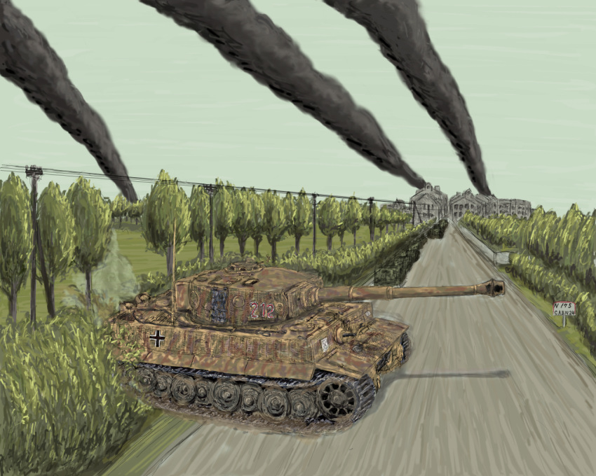 building, caterpillar_tracks, commentary, commentary_request, day, grass, ground_vehicle, iron_cross