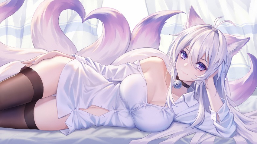 1girl, absurdres, animal_ears, antenna_hair, black_legwear, choker, closed_mouth, collared_shirt
