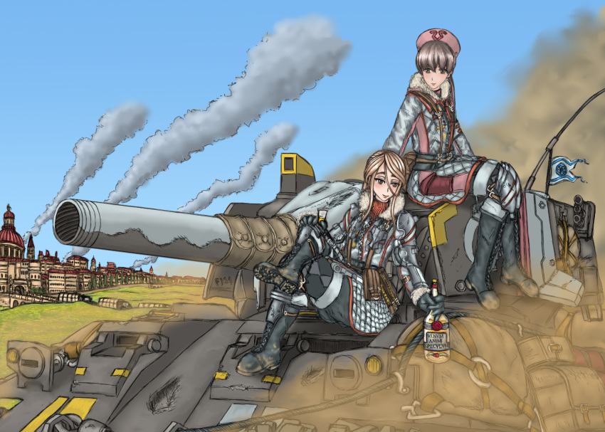 2girls, blonde_hair, breasts, brown_eyes, building, character_request, commentary_request, glass_bottle