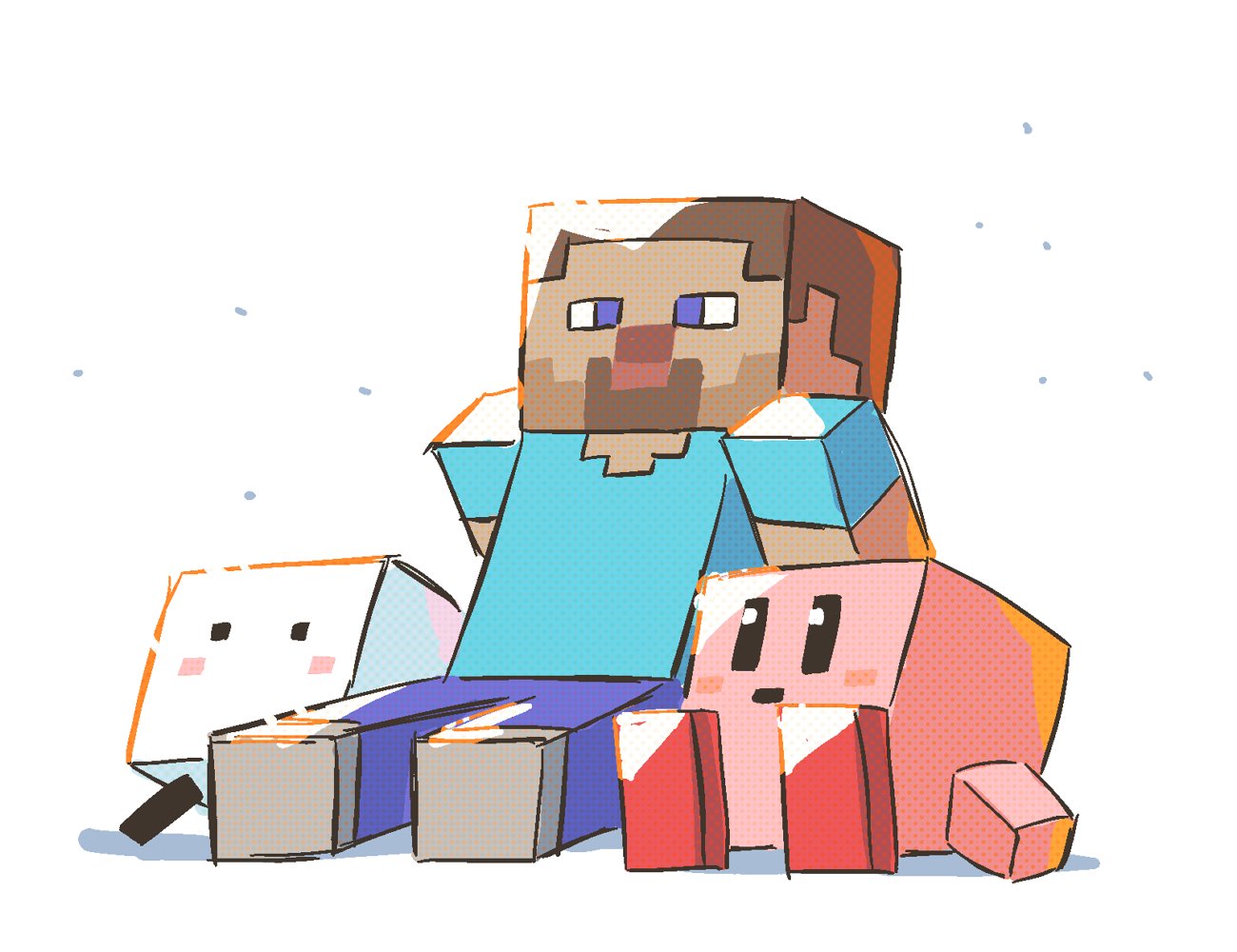 1boy, arm_support, beard, blue_eyes, blush_stickers, boxboy!, creator_connection, cube