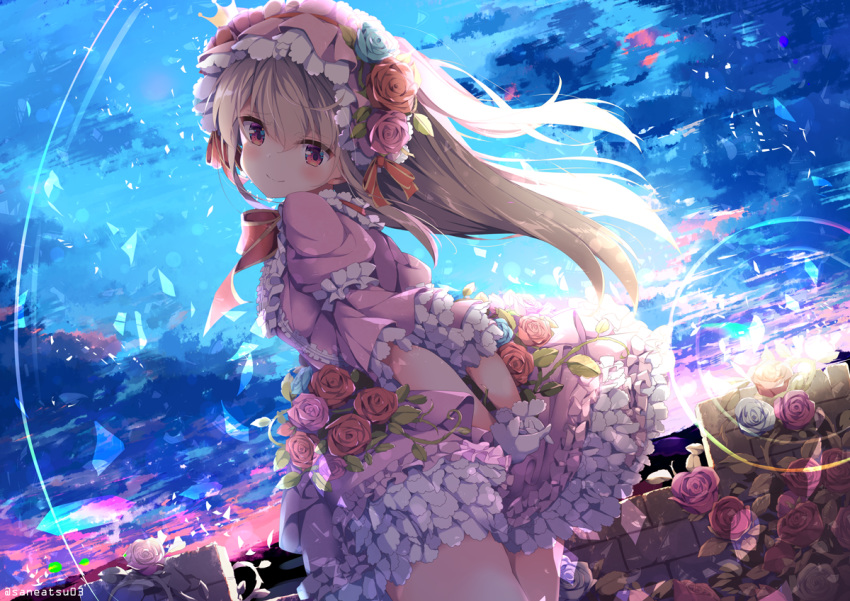 1girl, arms_behind_back, artist_name, bangs, blonde_hair, commentary_request, crown, dress
