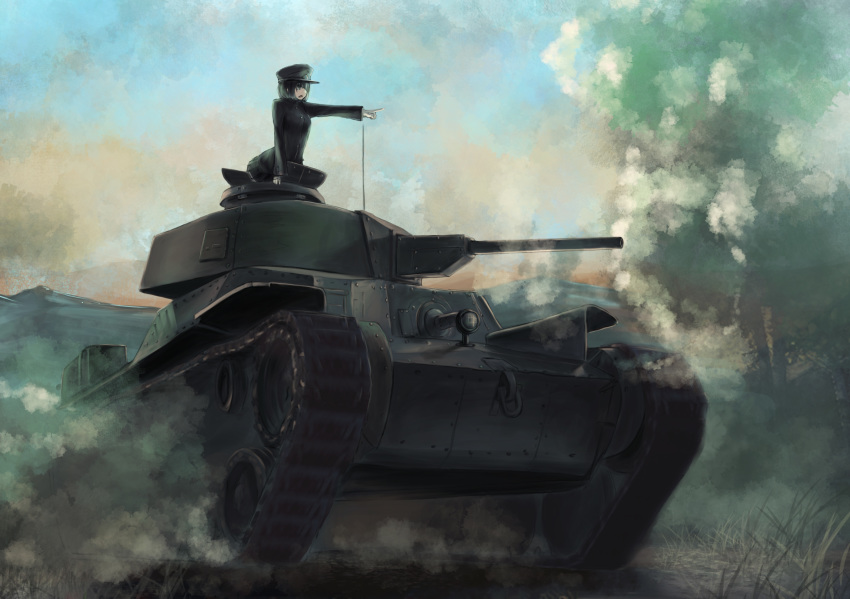 1girl, akitsu_maru_(kantai_collection), black_eyes, black_hair, breasts, caterpillar_tracks, clouds, commentary_request, day, dust, dust_cloud, evening, gloves, grass, ground_vehicle, hat, highres, kantai_collection, military, military_hat, military_uniform, military_vehicle, motor_vehicle, nito_(nshtntr), short_hair, skirt, sky, solo, tank, tree, type_97_chi-ha, uniform, white_gloves