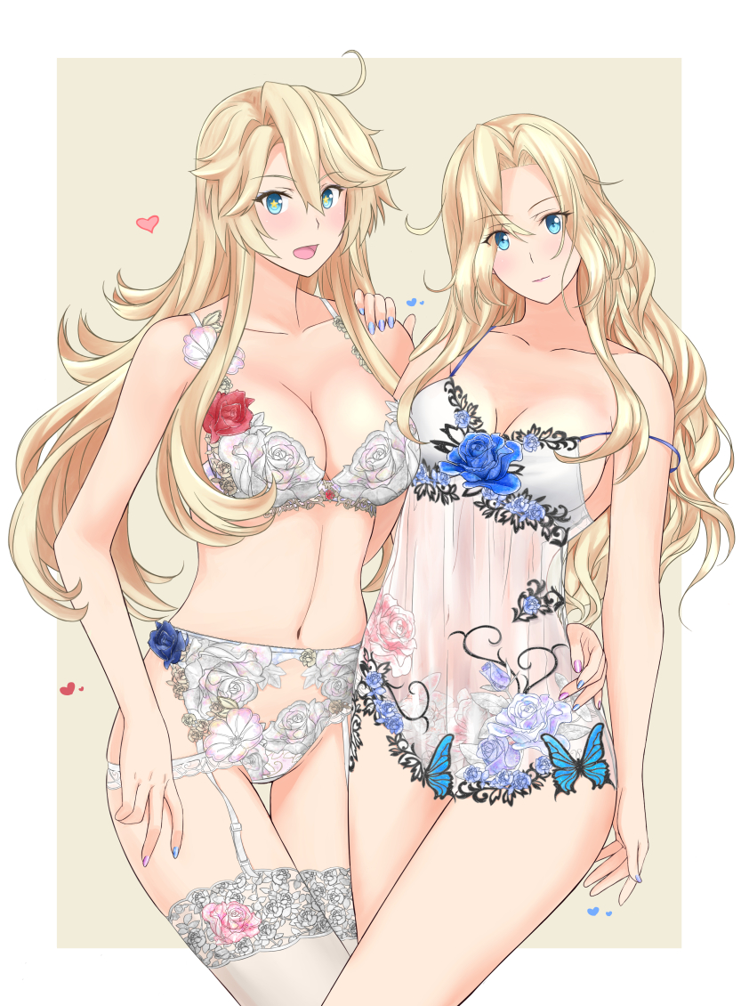 2girls, ahoge, beige_background, blonde_hair, blue_eyes, blue_flower, blue_rose, border