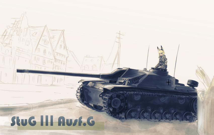 1girl, animal_ears, blonde_hair, breasts, caterpillar_tracks, commentary_request, fox_ears, ground_vehicle, highres, house, iron_cross, military, military_uniform, military_vehicle, motor_vehicle, nito_(nshtntr), original, short_hair, sturmgeschutz_iii, tank, tank_destroyer, uniform, yellow_eyes