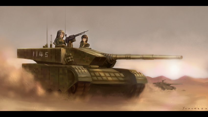2girls, absurdres, artist_name, black_hair, breasts, brown_eyes, camouflage_shirt, caterpillar_tracks