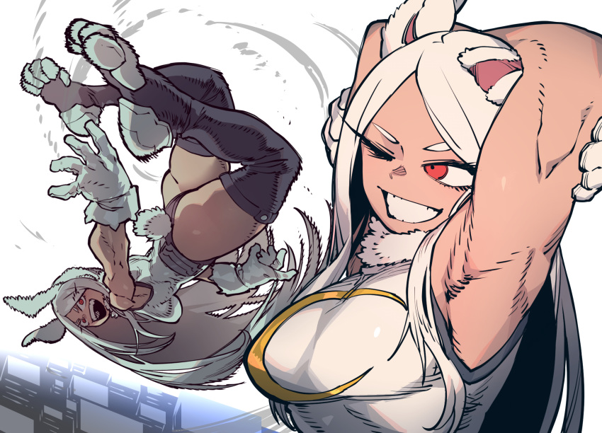 1girl, :d, animal_ears, armpits, ass, black_legwear, boku_no_hero_academia, breasts