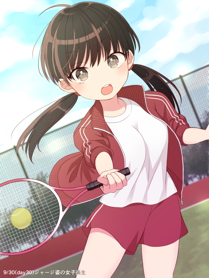 1girl, ball, brown_hair, highres, open_mouth, original, outdoors, playing_sports