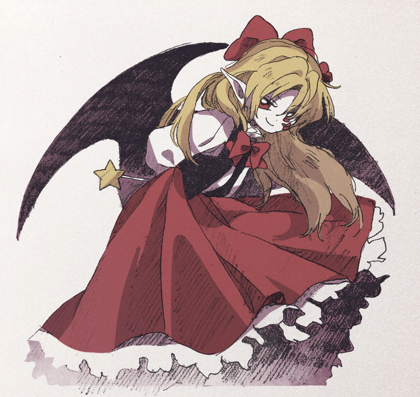 1girl, bat_wings, black_vest, blonde_hair, bow, closed_mouth, dot_nose, elis_(touhou), hair_bow, holding, ka_(marukogedago), leaning_forward, long_hair, long_skirt, looking_at_viewer, pointy_ears, red_bow, red_eyes, red_skirt, shirt, skirt, smile, solo, touhou, touhou_(pc-98), vest, white_shirt, wings