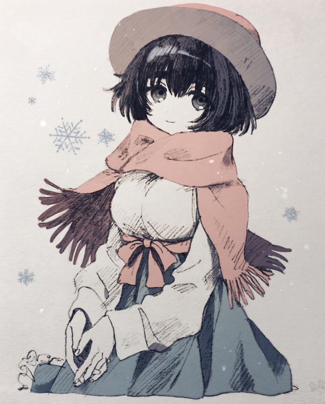 1girl, black_hair, blue_skirt, closed_mouth, cowboy_shot, graphite_(medium), grey_eyes, grey_headwear, hat, ka_(marukogedago), long_sleeves, looking_at_viewer, mixed_media, pink_scarf, scarf, shiina_mayuri, short_hair, skirt, smile, solo, steins;gate, traditional_media