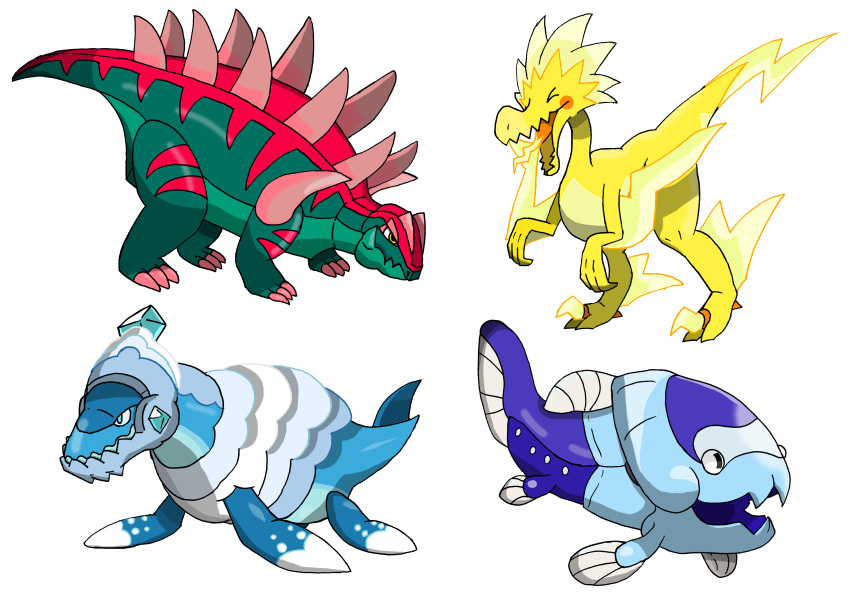 >_<, absurdres, arctovish, arctozolt, black_eyes, claws, closed_mouth, commentary_request, dracovish, dracozolt, gen_8_pokemon, highres, no_humans, open_mouth, pokemon, pokemon_(creature), saurasu, simple_background, spikes, standing, tongue, white_background