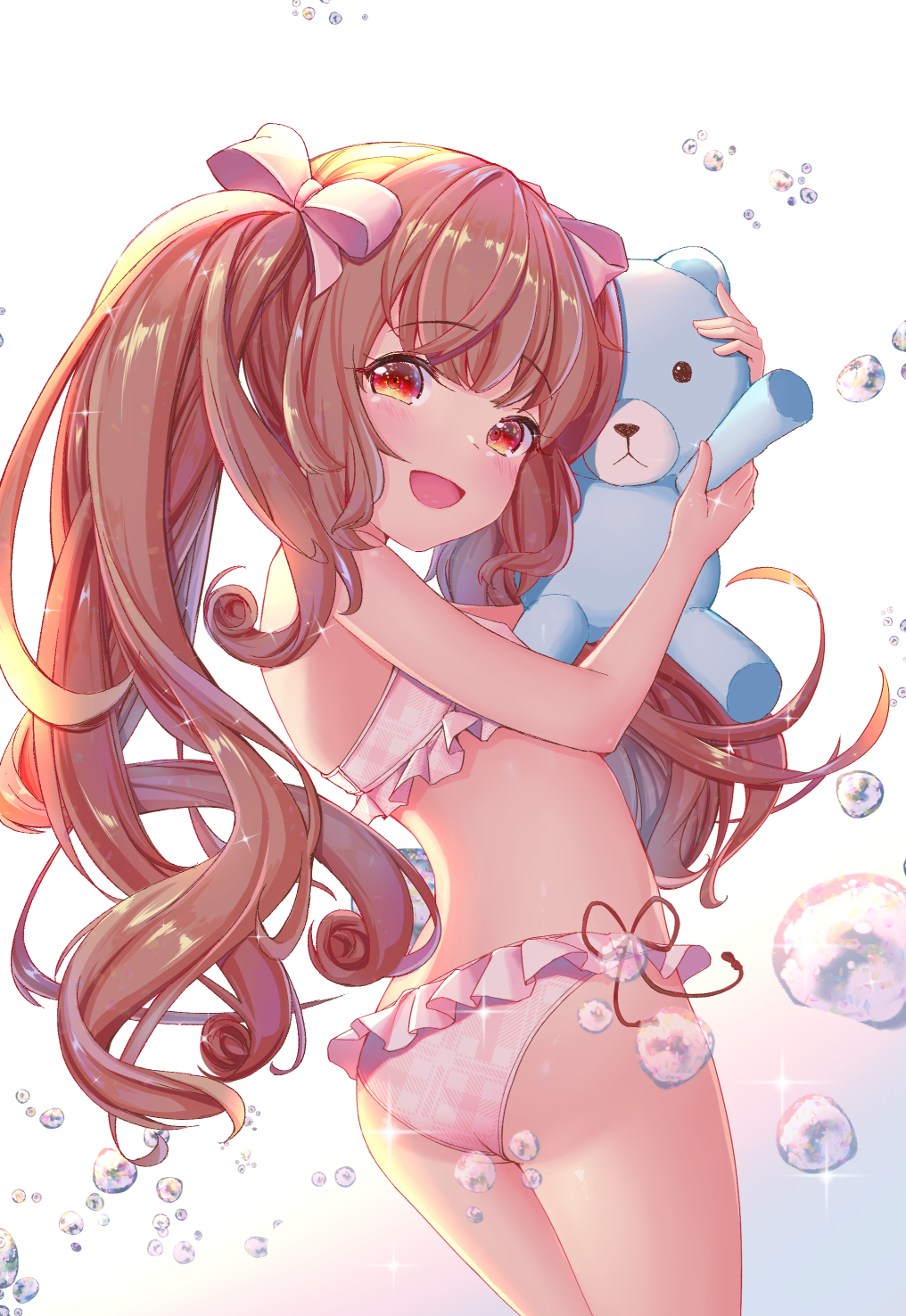 1girl, ass, bikini, brown_eyes, brown_hair, bubble, highres, hikotou_(sao73cat)