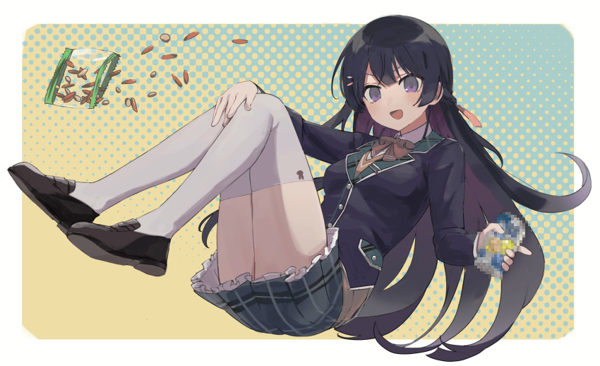 1girl, :d, black_footwear, black_hair, blazer, bow, bowtie, braid