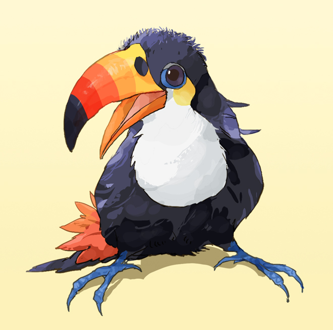 beak, bird, black_eyes, commentary_request, full_body, gen_7_pokemon, no_humans, nyala_(nyala_766), open_mouth, pokemon, pokemon_(creature), simple_background, solo, talons, toucannon, yellow_background
