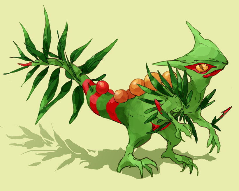 claws, closed_mouth, commentary_request, gen_3_pokemon, green_background, head_tilt, looking_at_viewer, no_humans, nyala_(nyala_766), pokemon, pokemon_(creature), sceptile, simple_background, sketch, solo