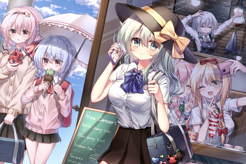 6+girls, absurdres, alternate_costume, alternate_hair_length, alternate_hairstyle, apron, aqua_hair, arm_up