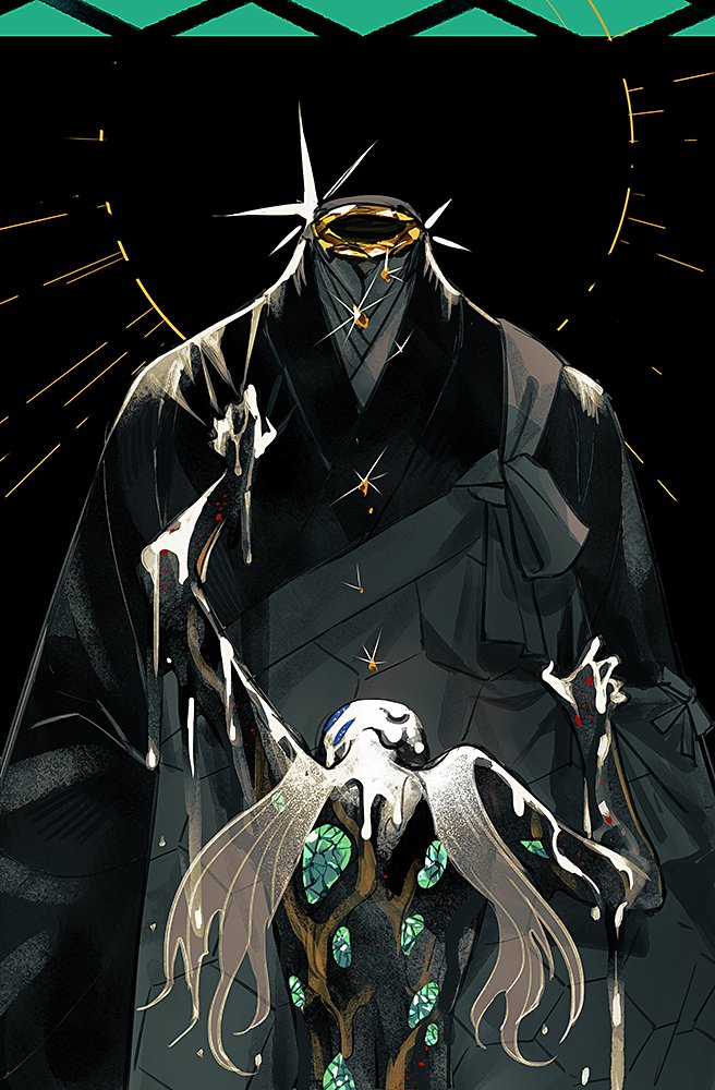 2others, androgynous, black_robe, crystal_hair, gem, holding_another, houseki_no_kuni, kongou_sensei