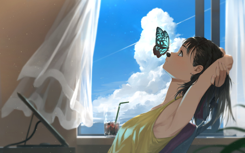 1girl, animal, armpits, arms_behind_back, arms_behind_head, arms_up, bangs, bare_arms