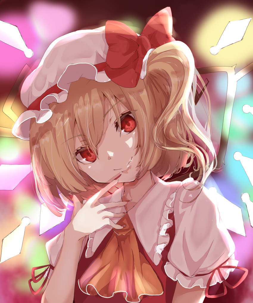 1girl, absurdres, ascot, bangs, blonde_hair, blurry, blurry_background, bow