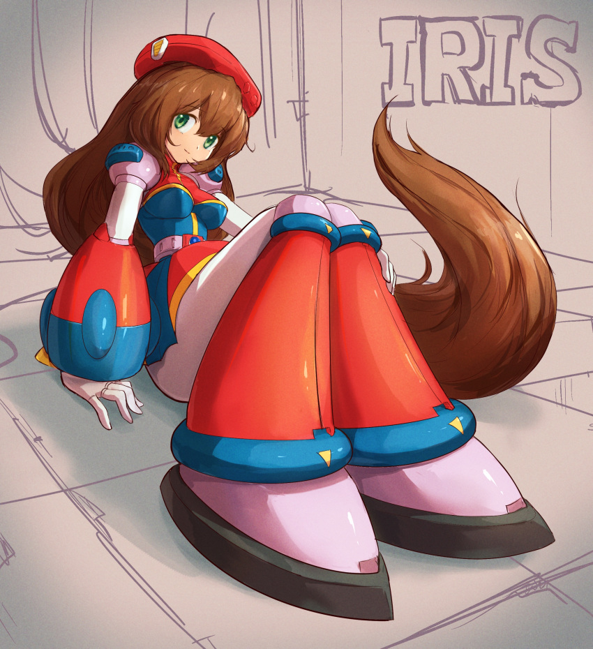 1girl, absurdres, android, arm_support, beret, breasts, brown_hair, character_name