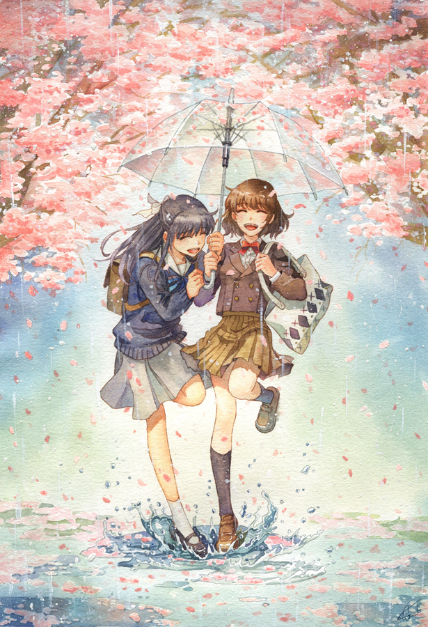 2girls, bag, barham, closed_eyes, hair_ornament, hair_ribbon, jacket, long_hair, multiple_girls, open_mouth, original, rain, ribbon, shoes, short_hair, skirt, socks, spring_(season), traditional_media, umbrella, uniform, watercolor_(medium)