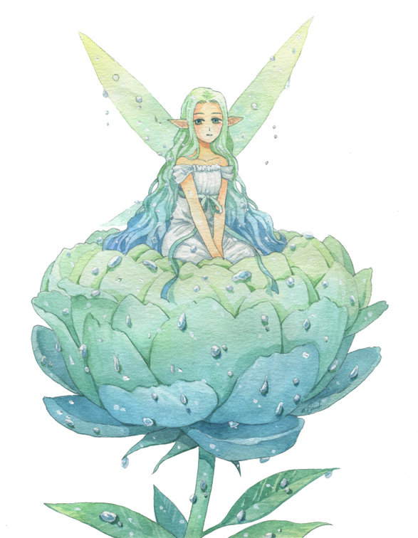 1girl, barham, blue_hair, blue_theme, breasts, dew_drop, dress, dripping, fairy, fairy_wings, gradient_hair, green_hair, long_hair, looking_at_viewer, minigirl, multicolored_hair, off_shoulder, on_flower, original, pointy_ears, sash, simple_background, sitting, traditional_media, v_arms, very_long_hair, water_drop, watercolor_(medium), wavy_hair, wet_wings, white_background, wings