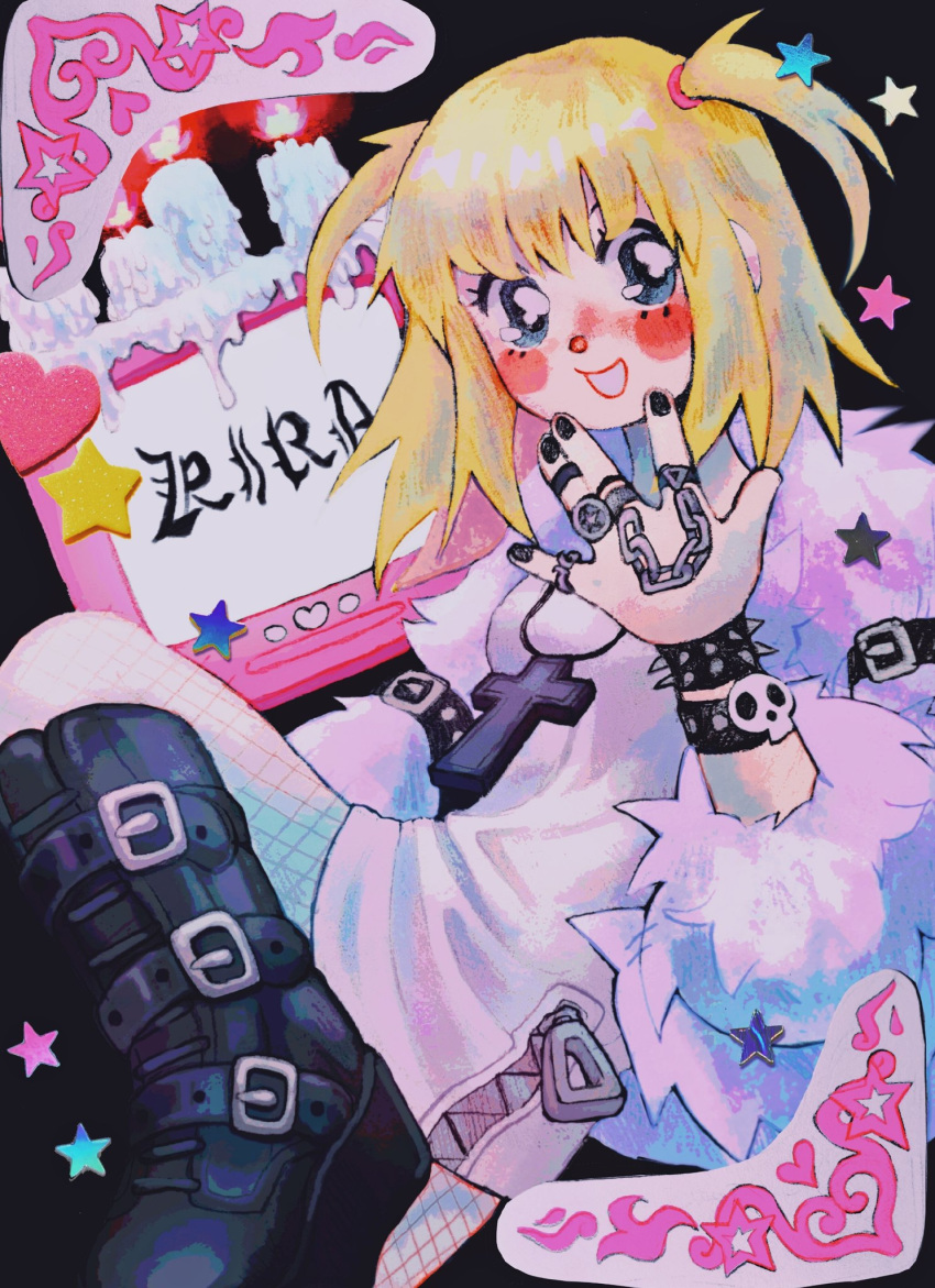 1girl, amane_misa, belt, black_background, black_nails, blonde_hair, blue_eyes, blush