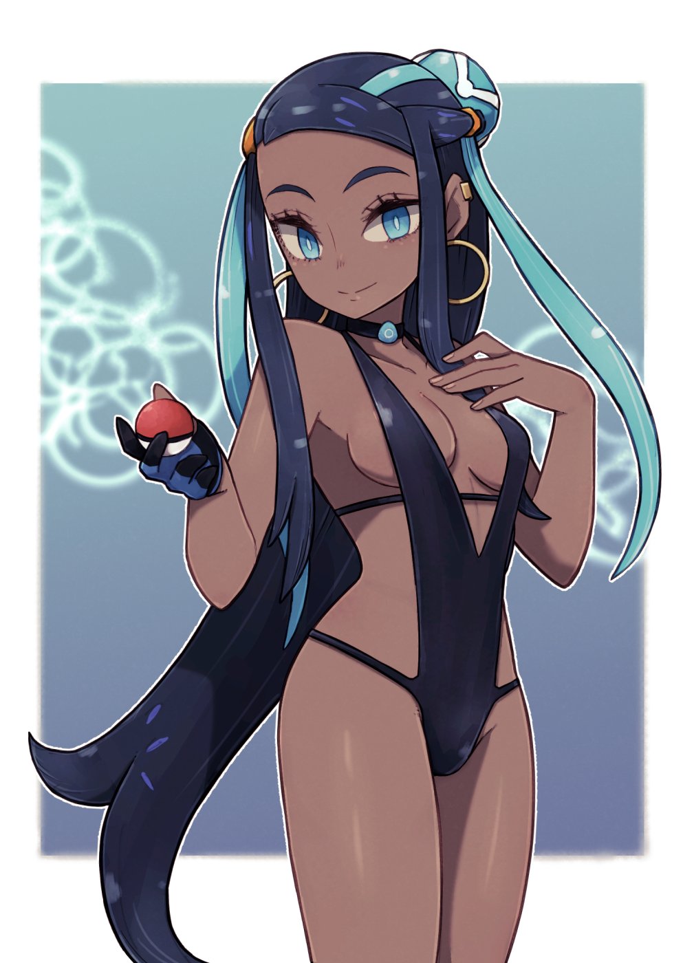 1girl, black_swimsuit, blue_eyes, blue_hair, breasts, choker, cowboy_shot, dark_skin