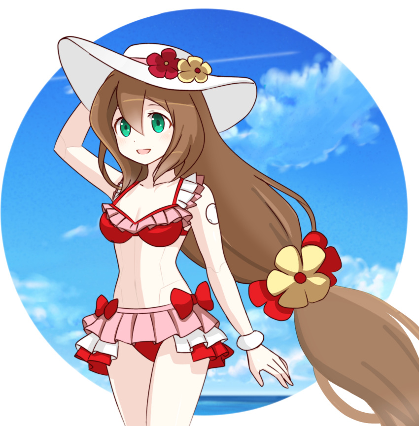 1girl, 398sky, android, bikini, blue_sky, blush, breasts, brown_hair, clouds, flower, frilled_bikini, frills, green_eyes, hair_between_eyes, hair_flower, hair_ornament, hand_on_headwear, hat, hat_flower, highres, iris_(mega_man), iris_(rockman_x), long_hair, low-tied_long_hair, medium_breasts, mega_man_(series), mega_man_x_(series), mega_man_x_dive, open_mouth, red_bikini, rockman, rockman_x, rockman_x_dive, sky, smile, solo, sun_hat, swimsuit