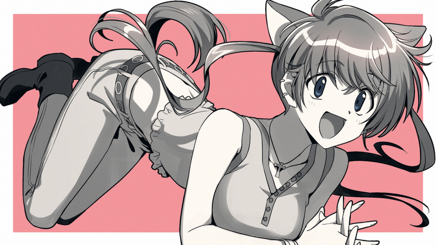 1girl, :d, animal_ears, bangs, blush, border, breasts, cat_ears