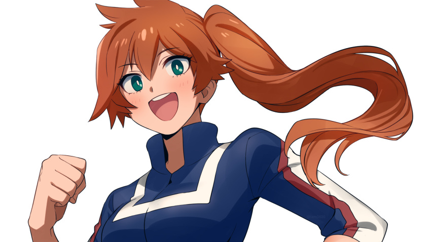 1girl, :d, blush, boku_no_hero_academia, breasts, clenched_hand, commentary, eyebrows_visible_through_hair, green_eyes, hair_between_eyes, happy, highres, kendou_itsuka, large_breasts, long_hair, looking_at_viewer, open_mouth, orange_hair, sayshownen, side_ponytail, simple_background, smile, solo, track_suit, twitter_username, u.a._gym_uniform, upper_body, upper_teeth, watermark, white_background